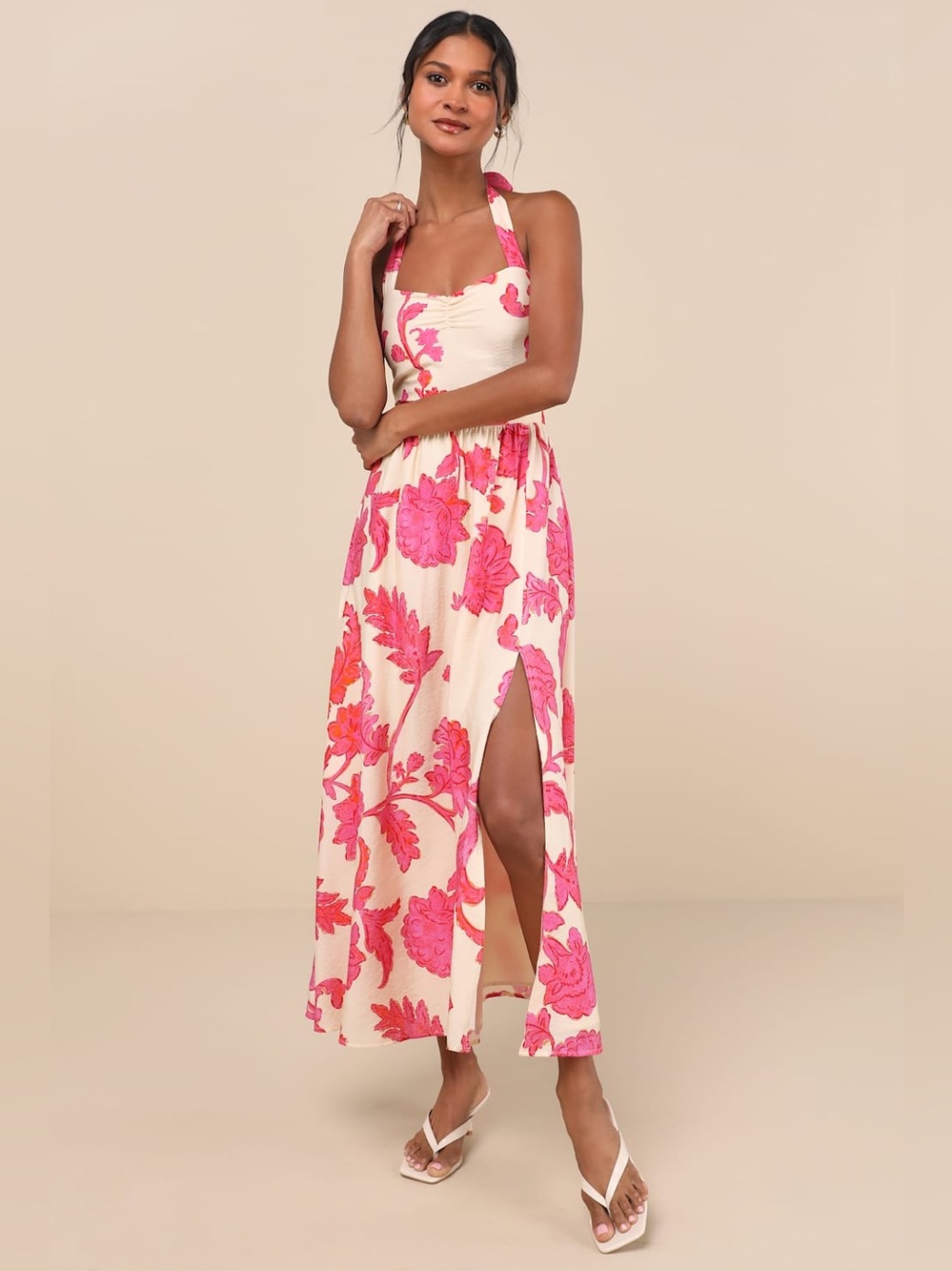 NWT Lulus Layton Pink and Cream Floral Halter Maxi Dress - Size L - Picture 1 of 6
